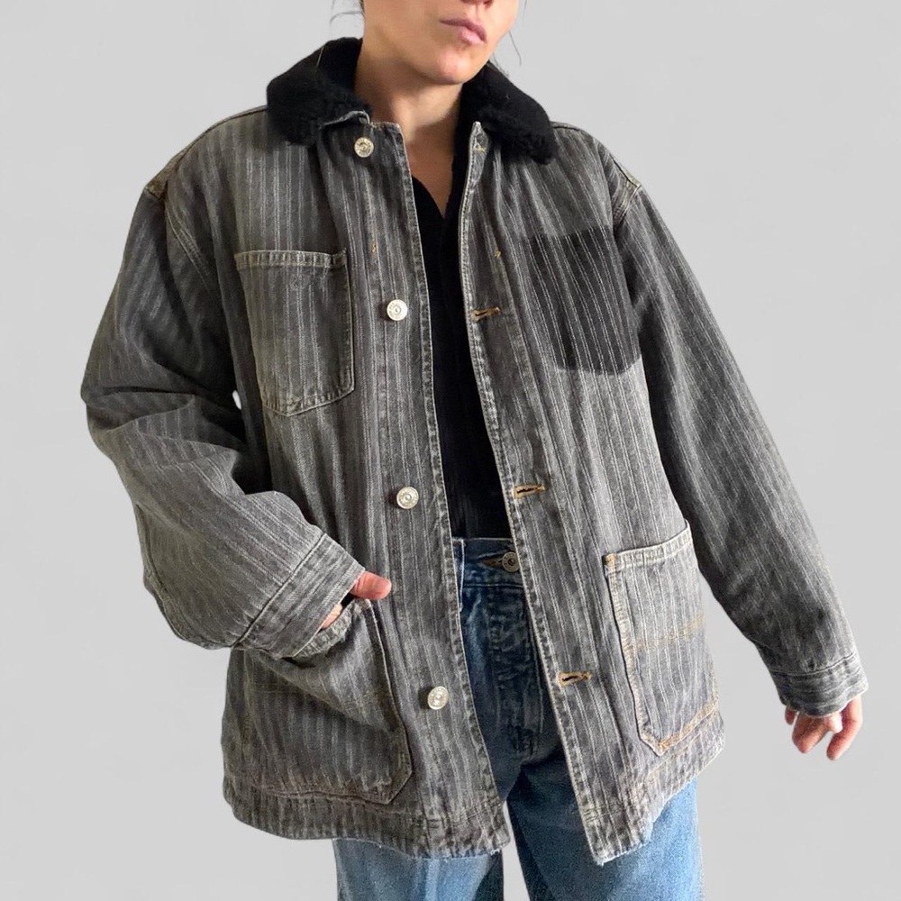 BDG Black Fleece-Lined Herringbone  Jacket Sherpa Borg Oversized Vintage